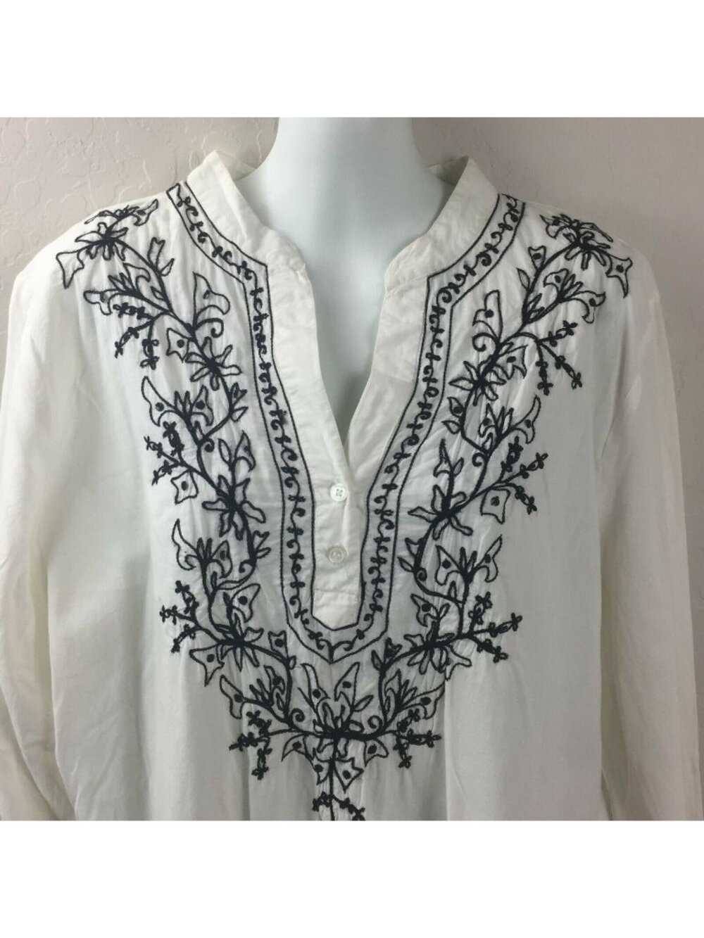 Erik Stewart Womens White Cotton Black Embroidered BoHo Long Sleeve Shirt Large